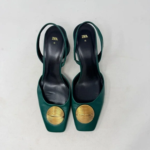 Zara Emerald Green Leather Slingback Block Heel Gold Shell Square Toe Pumps 41 - Picture 5 of 10